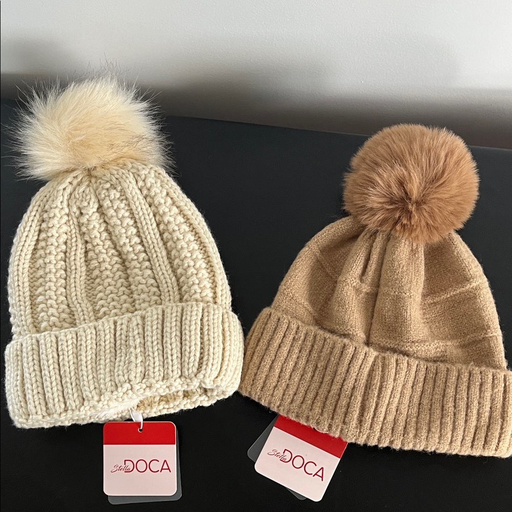 BUNDLE Cream and Tan Pom-Pom Beanie Duo
